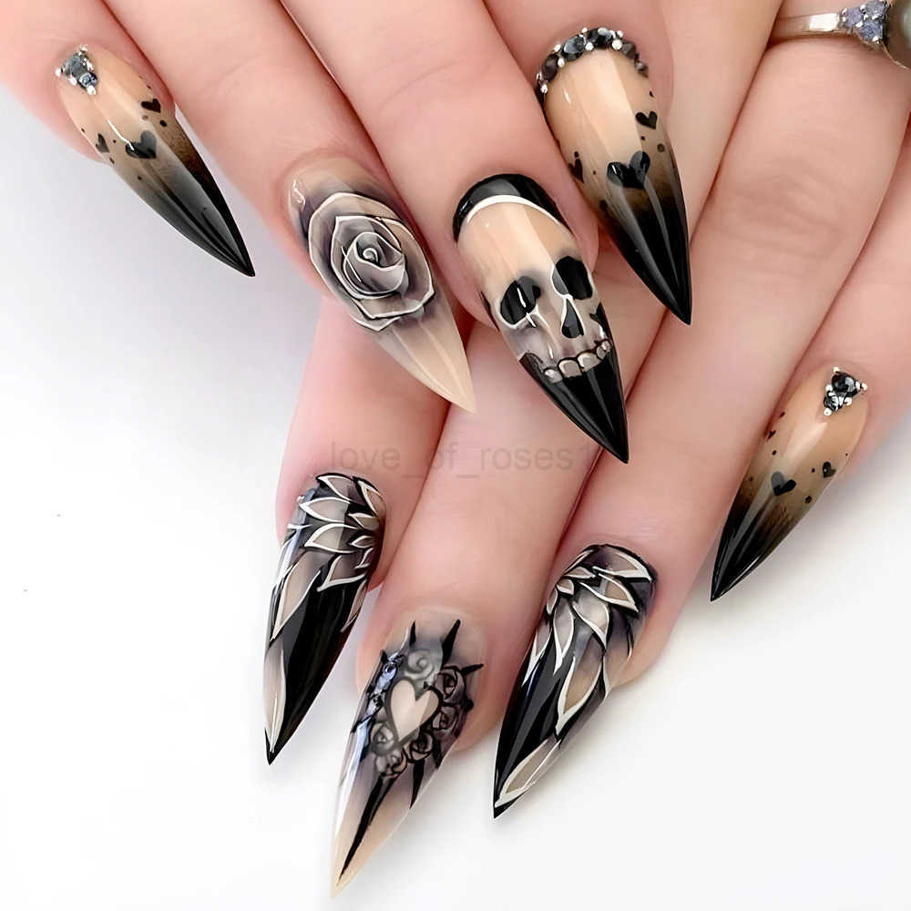 24Pcs Black Glossy Halloween Almond Fake Nails Gradient French Cool Press On Nails Rose/Heart/Skull Acrylic Wearable False Nails Z250807