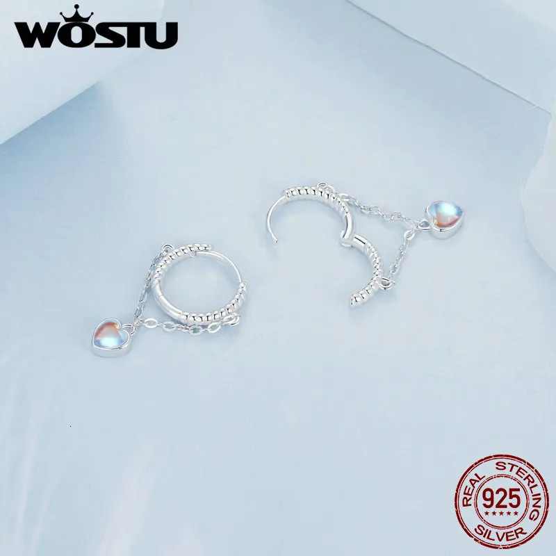 WOSTU 925 Sterling Rainbow Moonstone Heart Drop Link Earrings For Women Mystic Crystal Hoop Earrings Party Birthday Jewelry Gift 250805