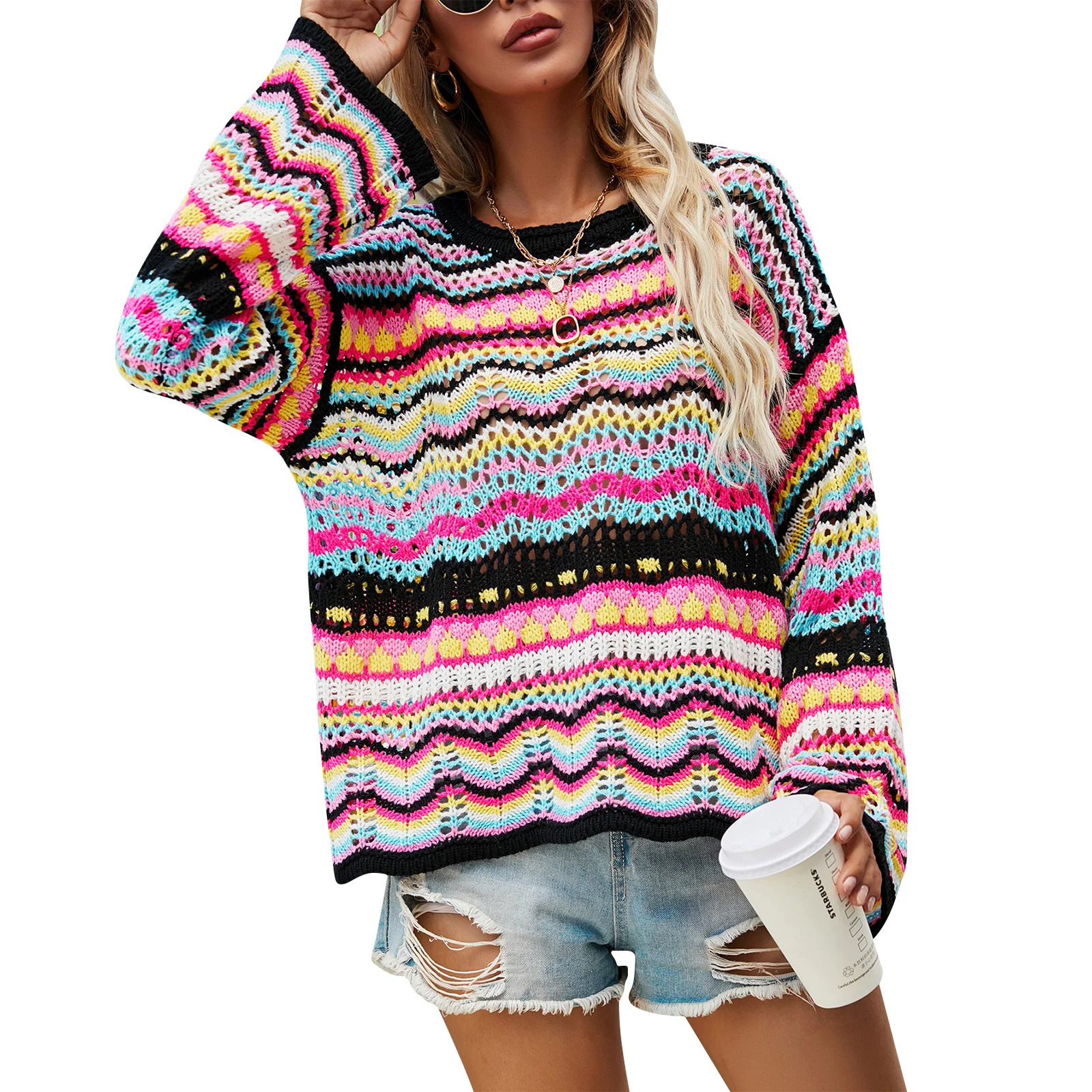 Puloru Vintage 90s Striped Sweaters Women Casual Knitted Crochet Jumpers Fall Spring Chic Long Flared Sleeves Pullover Tops 250804