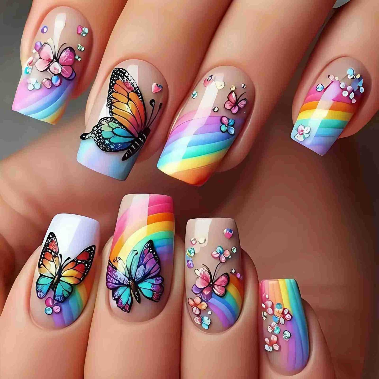 24Pcs Medium Coffin Press on Nails Colorful Gradient Stripes Gel Fake Nails Dreamy Rainbow Butterfly Nail Plant Flowers Nail Tips Z250807