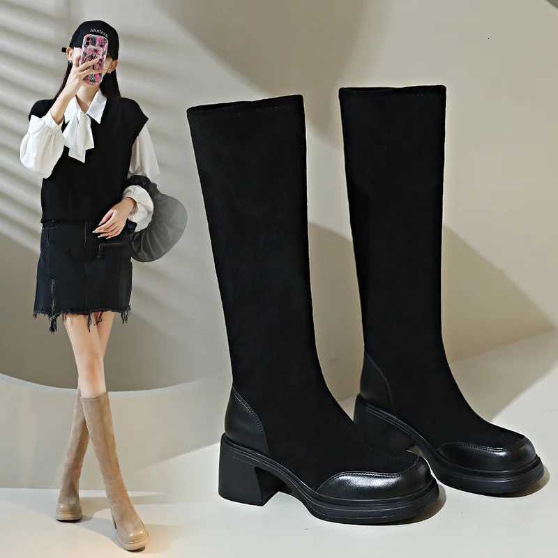 2023 Autumn Winter New British Style Knight Boots French Elastic Boots Versatile Thick Sole Womens Boots XJ250807