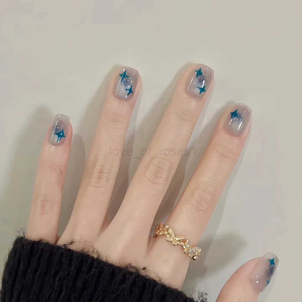 24Pcs Pink Cat Blue Love Cute Short Ballet Press-on False Nails Sweet French Cat Eye Bow Star Designs Style Detachable Nails Set Z250807