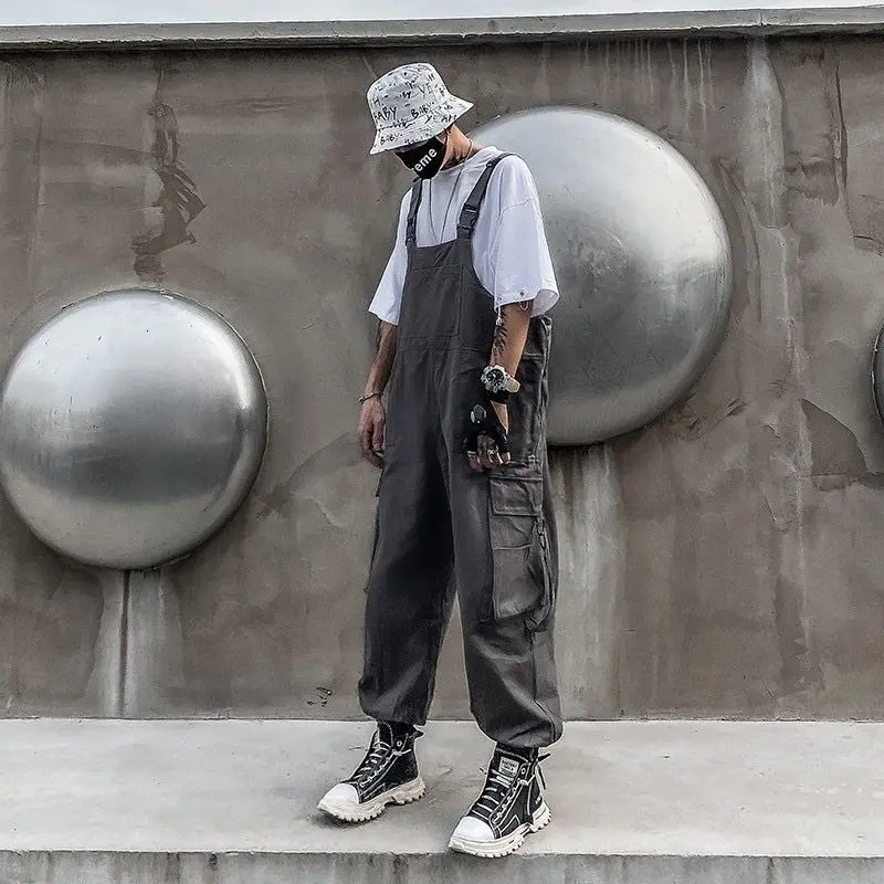 Mens Jumpsuit Womens Suspenders Hiphop Overalls Pants Male Loose Casual Long Trousers Solid Color Pockets Cargo 250804