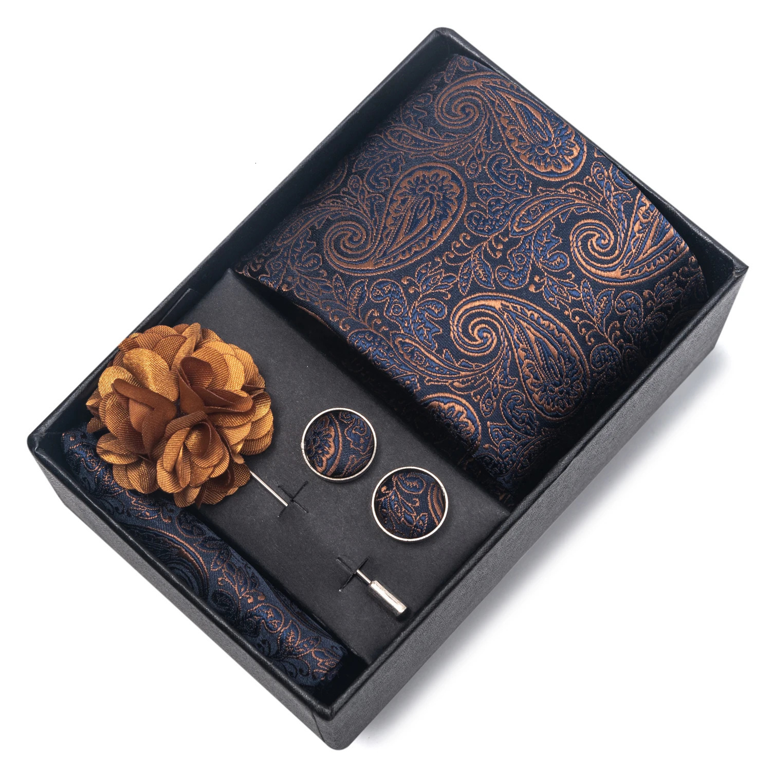 Top Grade Fashion 8 cm Wide Tie Sets Blue Stripe Mens Gravata Handkerchief Cufflink Box Fit Group Workplace Wedding Tie 250806