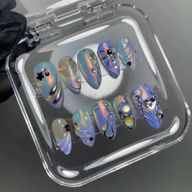 24pcs Colorful Aurora Fake Nail Press On Acrylic Nails Long Almond Wearable Cyber French False Nails 3D Silver Stripe Decoration Z250807