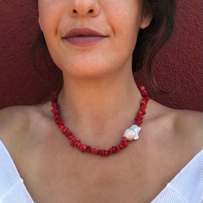 Vintage Natural Red Coral with Pearls Necklace for Her Bohemian Handmade Jewelry Beach Gift 250730