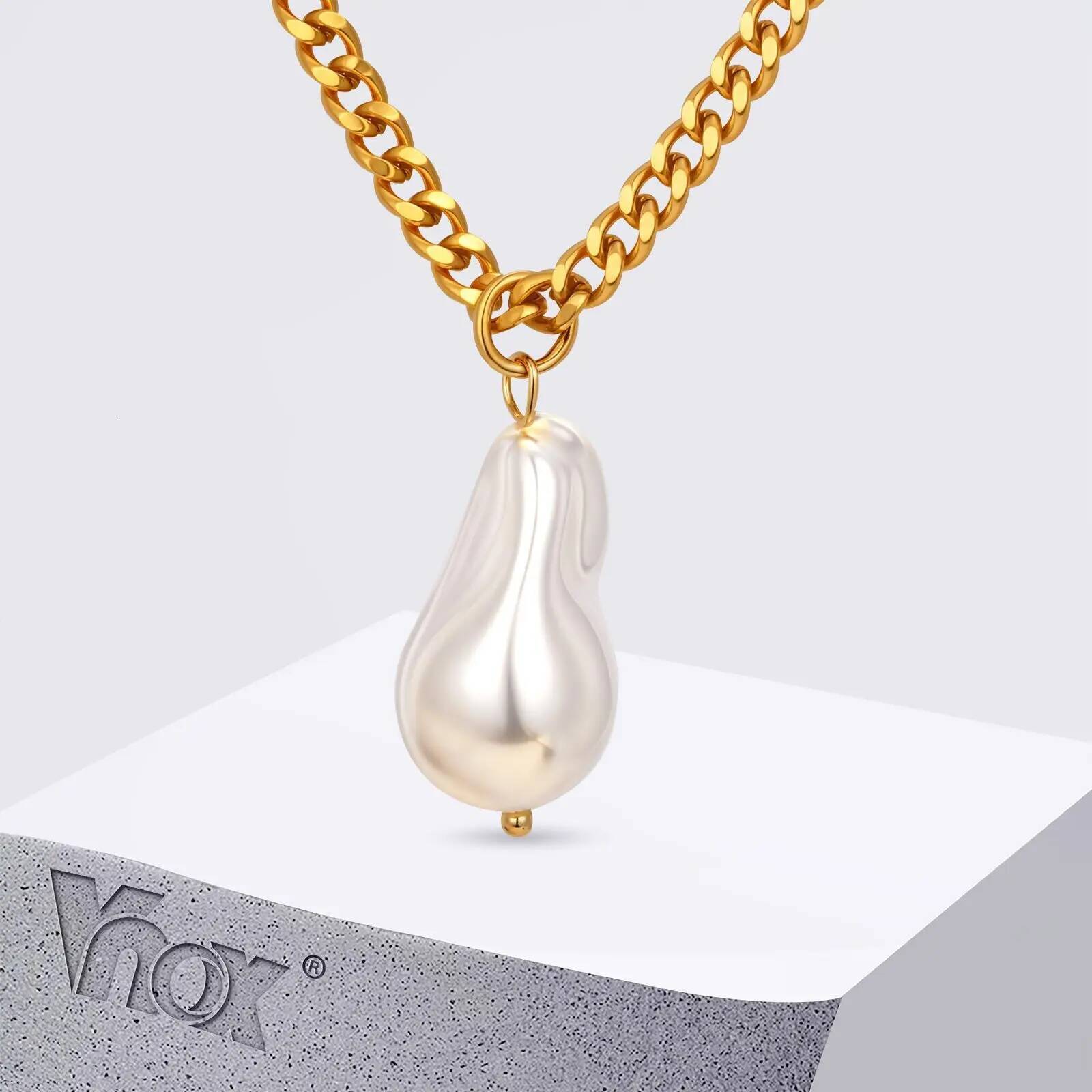 Vnox Fashion Irregular Simulated Pearl Pendent Necklace Stainless Steel Coarse Chain Simple Neck Jewelry For Women Daily Jewelry for Women