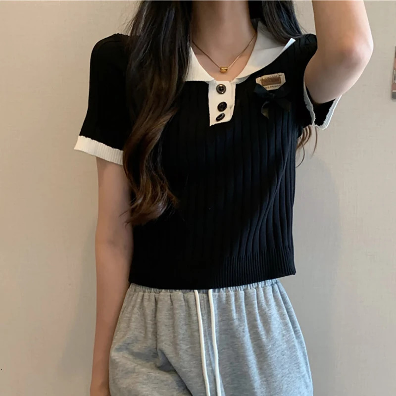 HELIAR Women Knitted Polo Neck Tshirts Short Sleeve Buttons Bowknot Sweet Top Patchwork Solid Shirt Beach Tees Spring Summer 250729