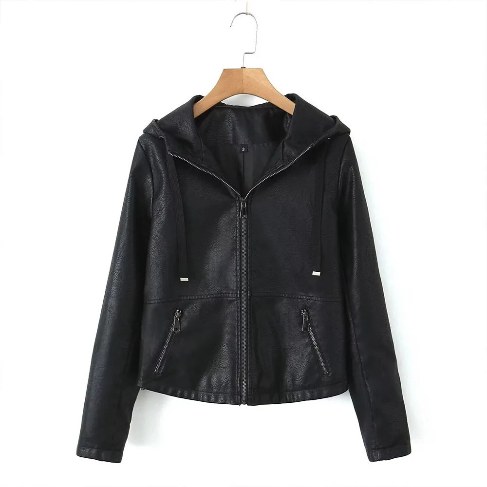 Autumn womens fashion casual Joker temperament commuting slim zipper hooded leather jacket 250807