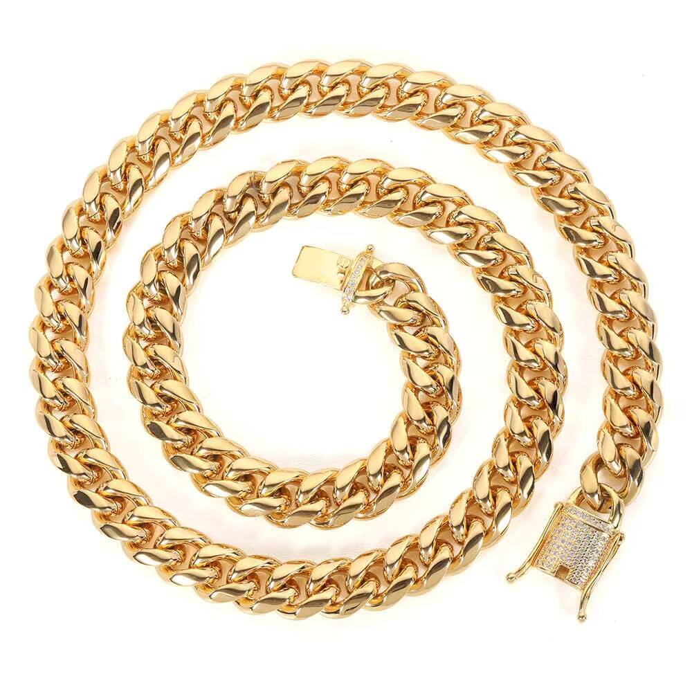 Wholesale 12mm Stainless Steel Cuban Link Chain with 18k Gold Plated Diamond Clasp Hip Hop Style Gift Necklace