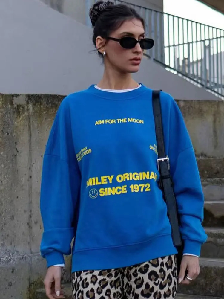 TRAFZA Spring Womens Fashion Sports Pullover Retro Round Neck Loose Long Sleeve Womens Letter Print Blue Pullover Streetwear 250801