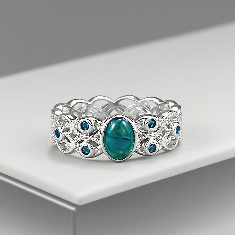 Hui Zhi Wing Jewelry S Pure Silver 4*6 Green Spinel Egg-Cut Lace Ring for Women Summer Forest Commuting Style