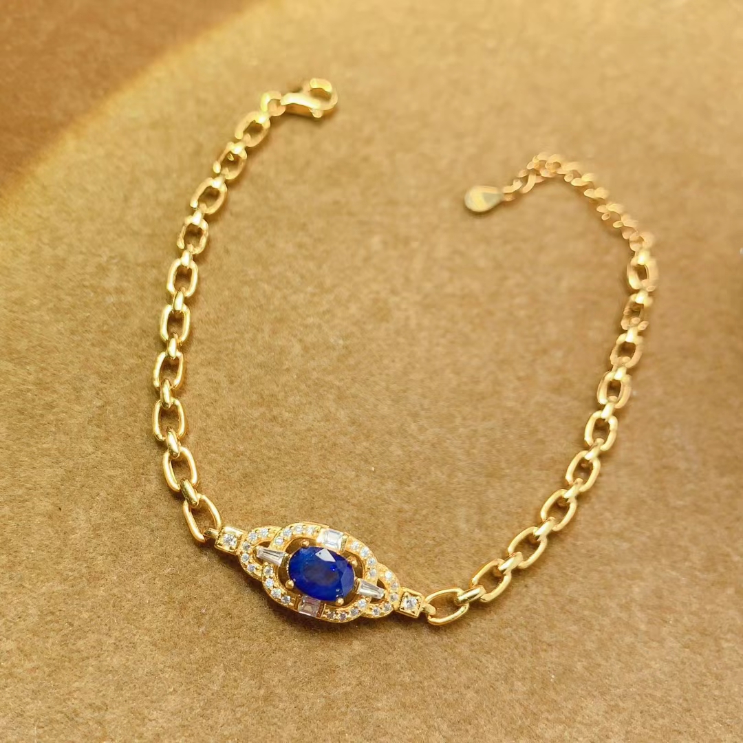 Royal blue natural sapphire bracelet for wedding 5mm*7mm 0.7ct genuine sapphire 925 silver bracelet with thick 18K gold plating