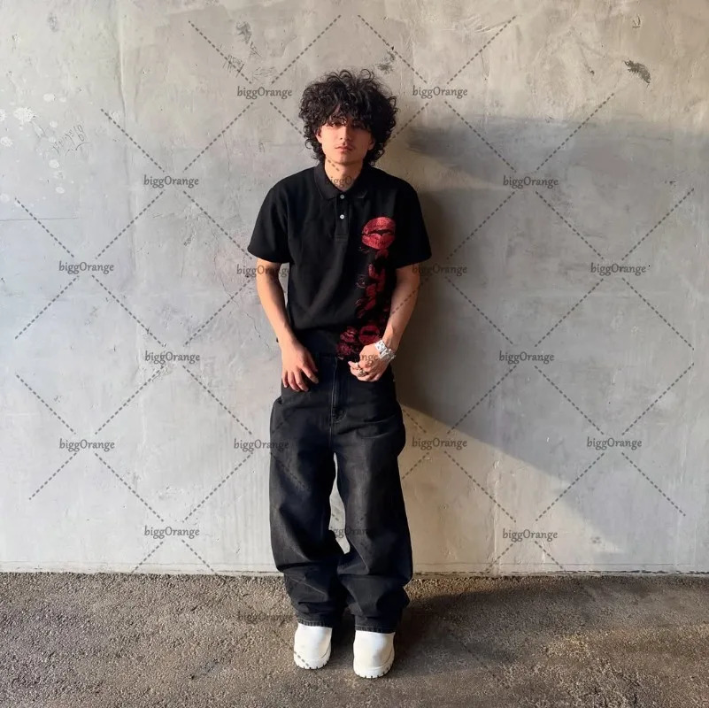 Retro Harajuku Goth Punk Oversized Cotton Lapel T-shirt Men Y2k Summer Streetwear American Hip-hop Casual Trendy Polo Shirt 250807