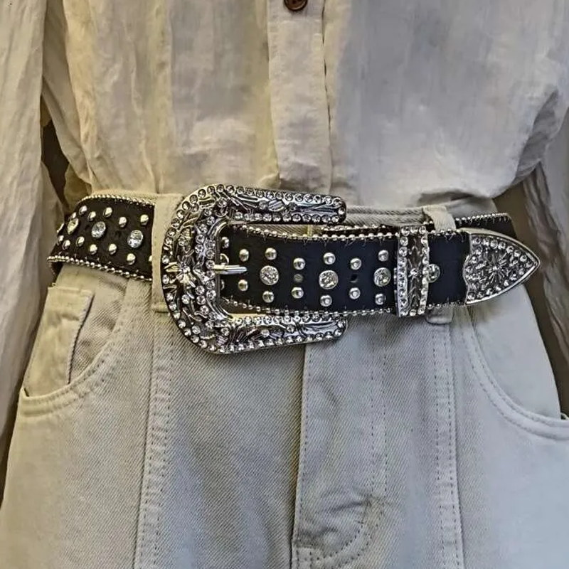 Wide Waistband Jeans Belt Rhinestone Inlaid Decoration Fashion Versatile Cross Ultra-fiber Faux Leather Unisex