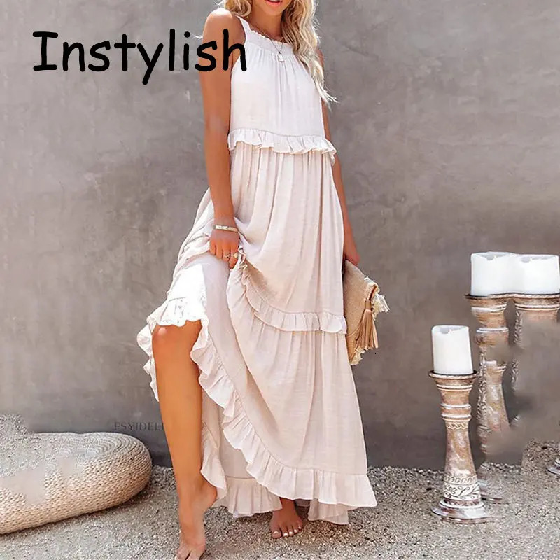 Women Casual Solid Ruffles Long Dress Summer Elegant Sleeveless Sundress Harajuku Maxi Beach Party Evening Vestido 250807