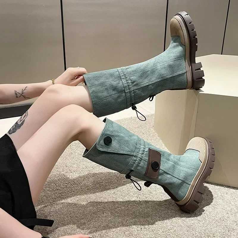 Women Blue Denim Thigh High Boots Thick Heels Simple Thick High Heels Autumn Winter New Fi Platform Knee High Riding Boots XJ250807