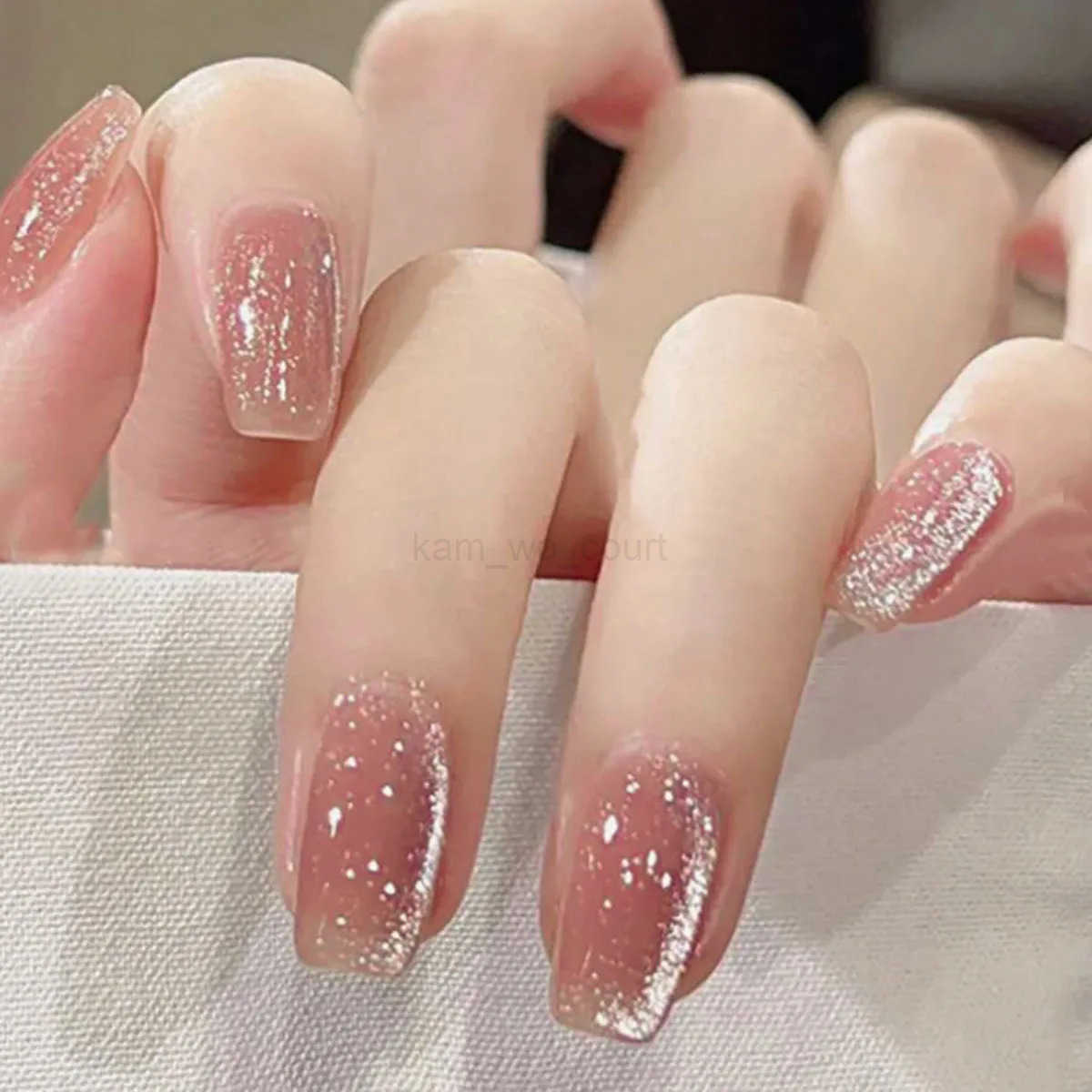 24pcs/set Short Square Fake Nails Cat Eyes Glitter Pink Green Purple Yellow Nude Nail Tips Faux Ongles Press On False Nail Art M250807