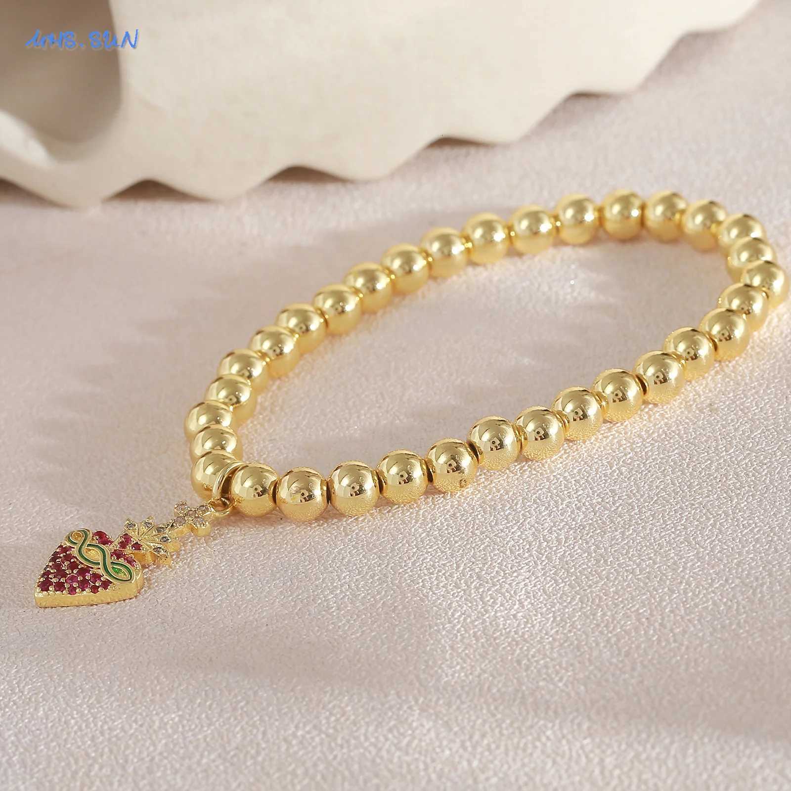 6MM Gold Plated Metal Beads Bracelets for Women and Men Cubic Zircon Sacred Heart Cross Charm Bracelet Party Jewelry W250807