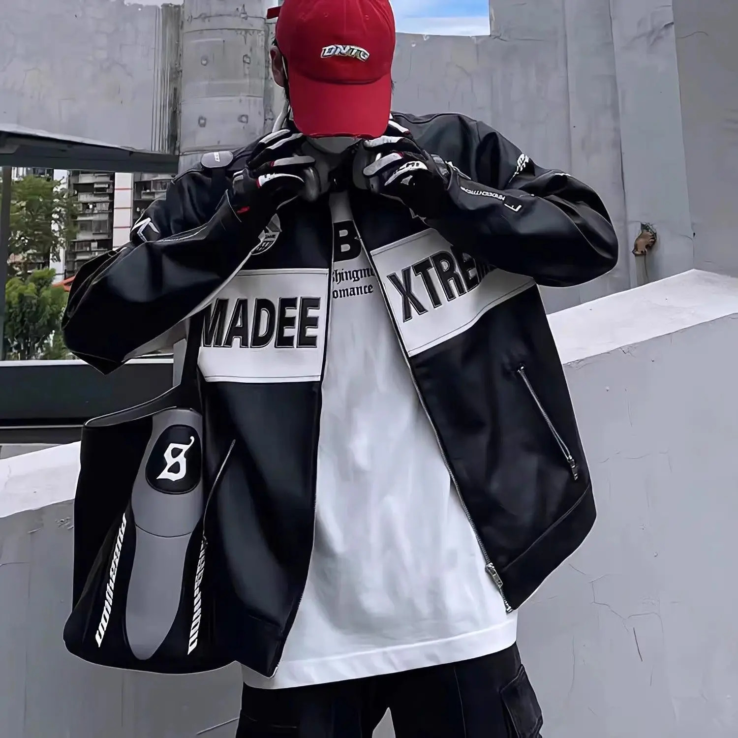 High street American retro color blocked embroidered motorcycle leather jacket for men and women hip hop jacket men clothing 250805