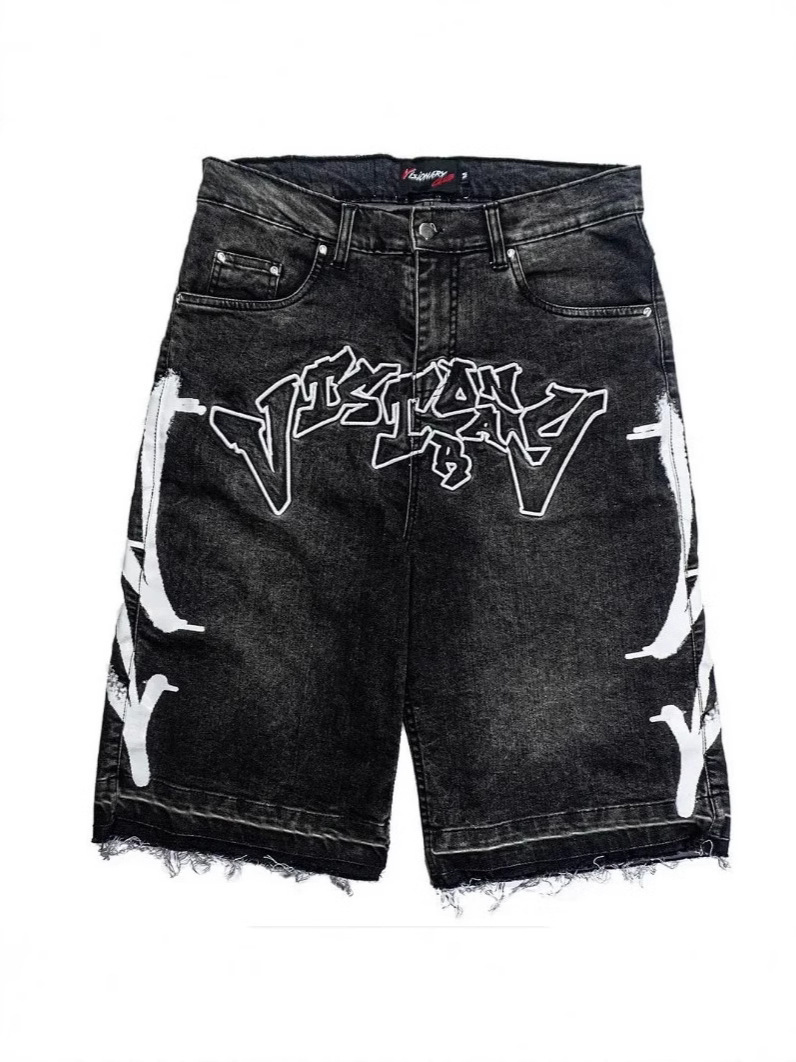 Men's Shorts Jorts Rhinestone Graffiti Distressed Printed Denim Men Women Trend Retro Hip Hop Streetwear Unisex Baggy Short Pants