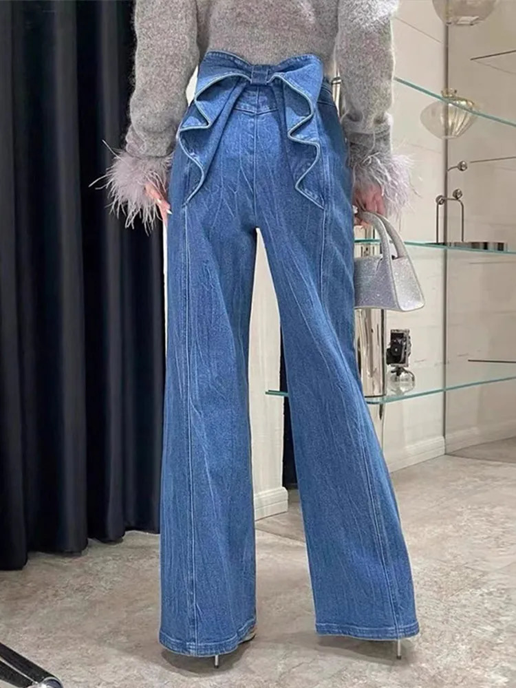 Y2K Womens High Waist Flare Denim Jeans With Big Bow Ruffles 2000s Sweetheart Stylish Female Slim Fit Casual Trousers 250806