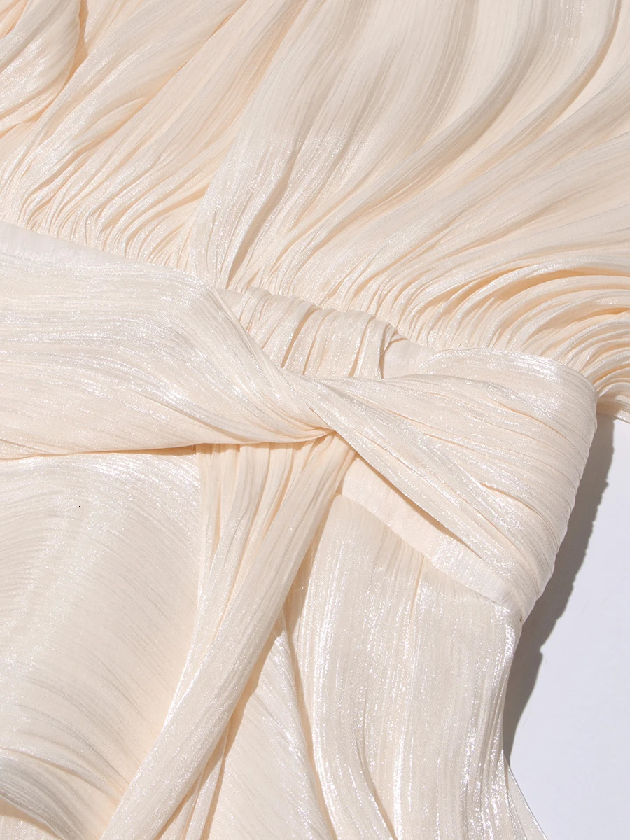 TWOTYLE Elegant Ruched Mini Dress For Women Round Neck Lantern Long Sleeve High Waist Temperament Dresses Female Fashion 250807