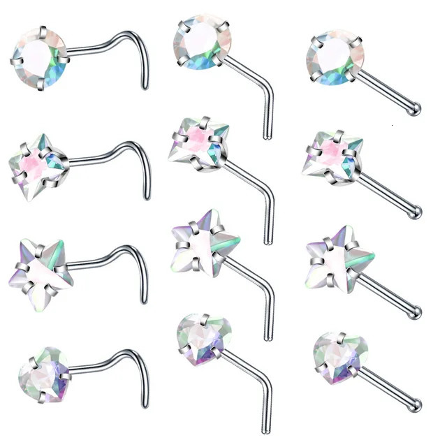 4PCS/Set Steel Heart Nose Ring Set Real Star L Shape Nose Stud Set Square Nose Rings And Studs Bulk Piercing Nariz Lote 250805