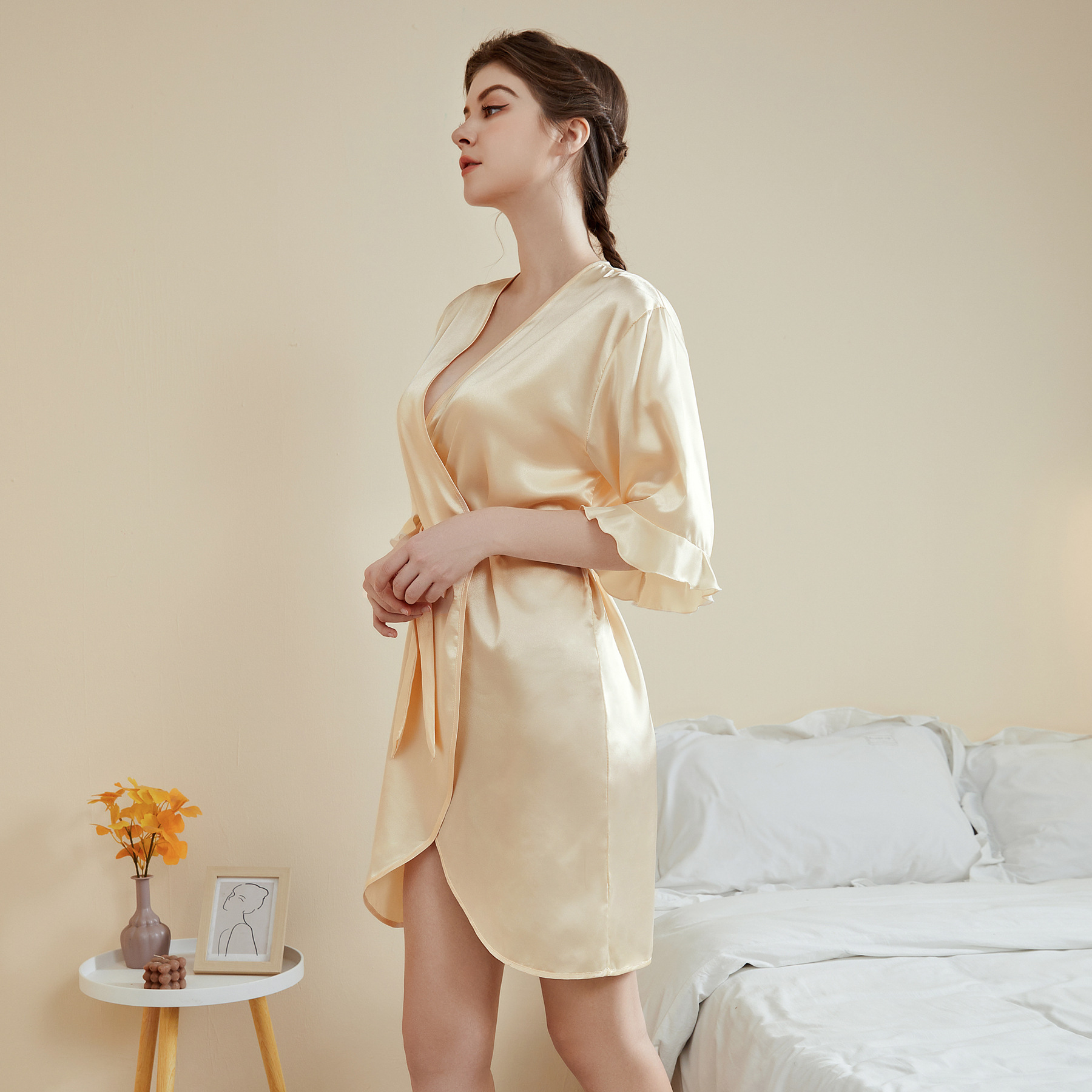 B1011-Women's Satin Home Clothes Bathrobe Summer Thin Sexy Short Cardigan Robe