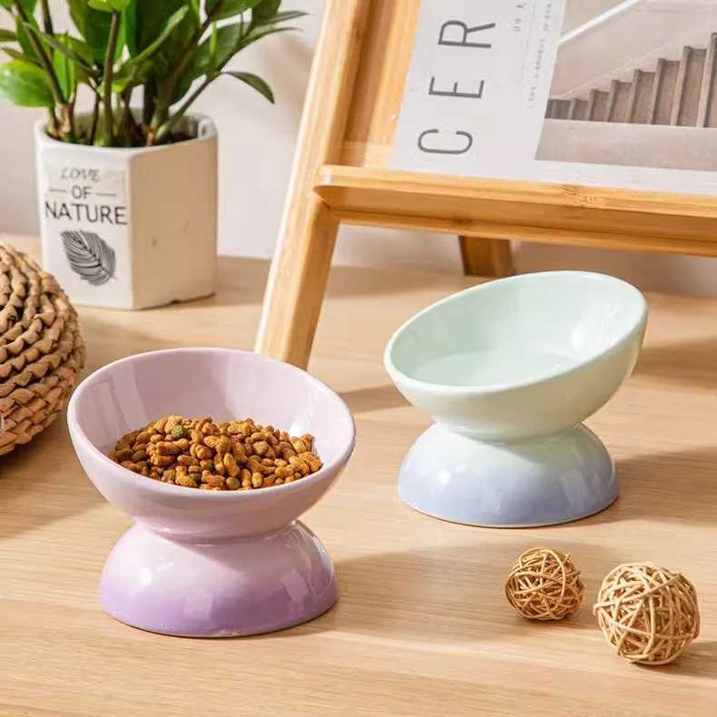 Cat Ceramic Bowl Gradient Pet Food Water Feeders Small Dogs Drinking Eating Supplies Raised Tilted Cats Puppy Feeding Supplies Y250806