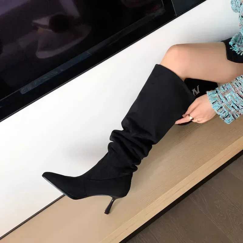 Women Pointed Toe Thin High Heels Ankle Boots Autumn Fi Pleated Cowboy Women Faux Suede Woman Slip Warm Boots XJ250807