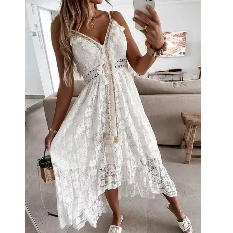 Summer Lace Sling Big Swing Solid Color Long Skirt Dress Spring Vneck Sleeveless Beach Dresses Casual Chain Link 250807