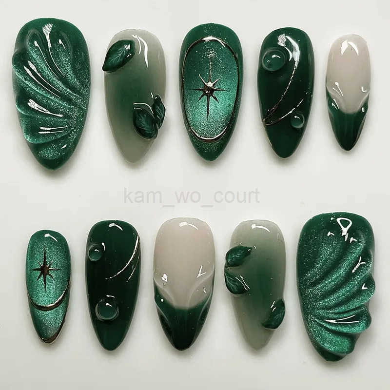24pcs French Almond Press-on Nails Retro Green Cat Eye Fake Nail Tips Detachable Wearable Sweet Cool Spice Girl False Nails M250807