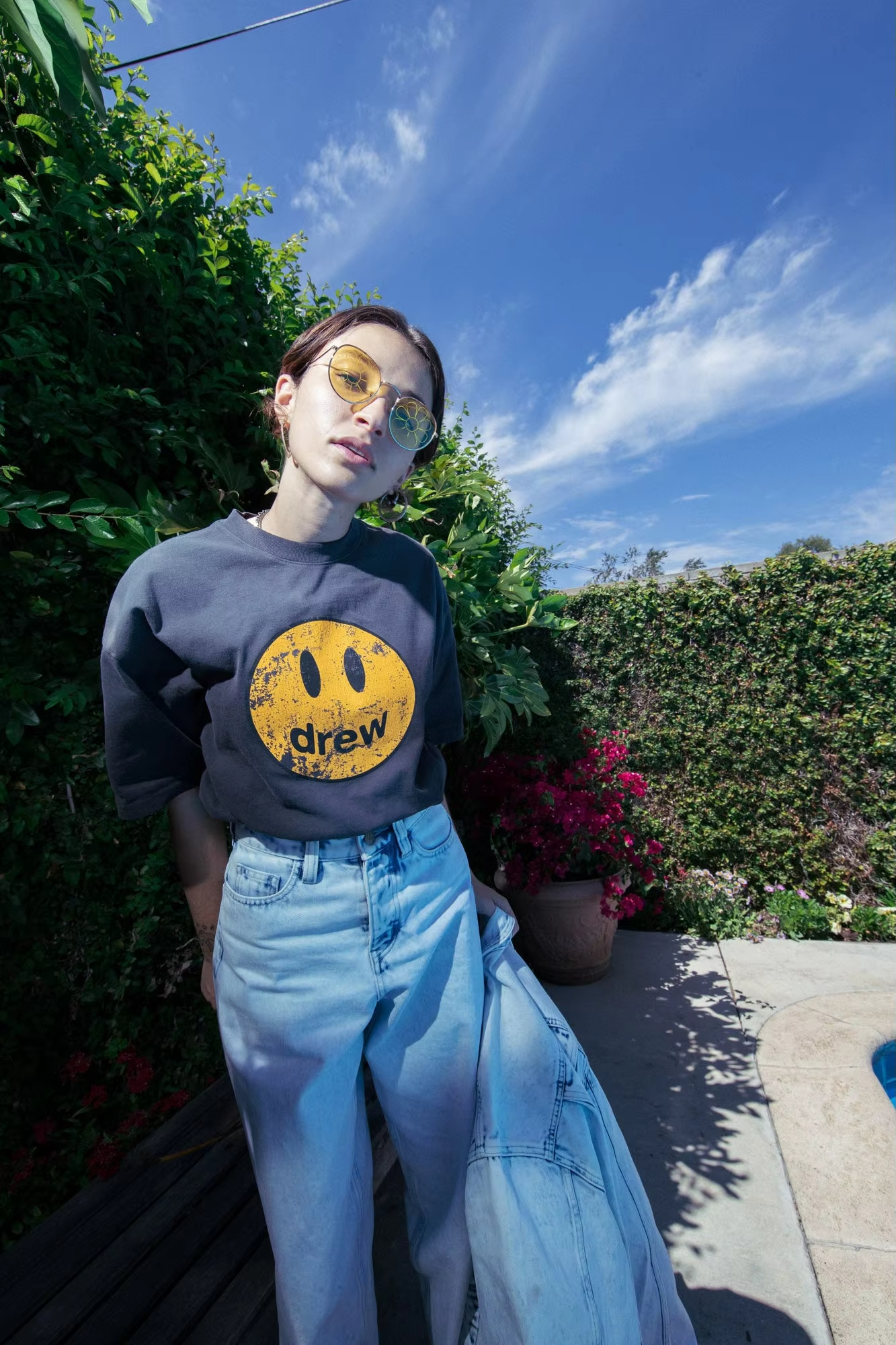 Drew House New Mens Clothing Smiley face print logo T shirt men's and women's printed loose short sleeve T-shirt