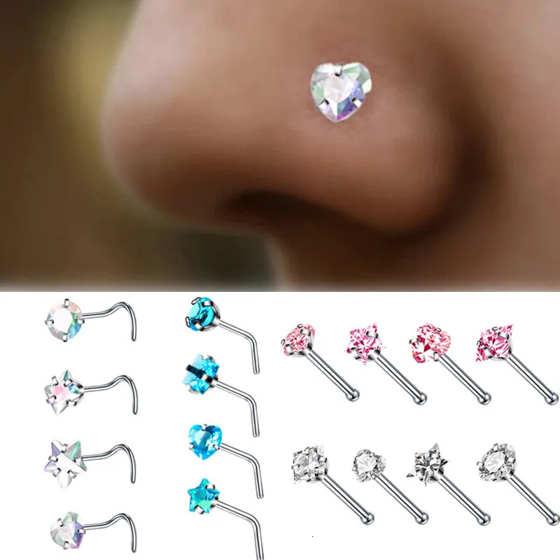 4PCS/Set Steel Heart Nose Ring Set Real Star L Shape Nose Stud Set Square Nose Rings And Studs Bulk Piercing Nariz Lote 250805