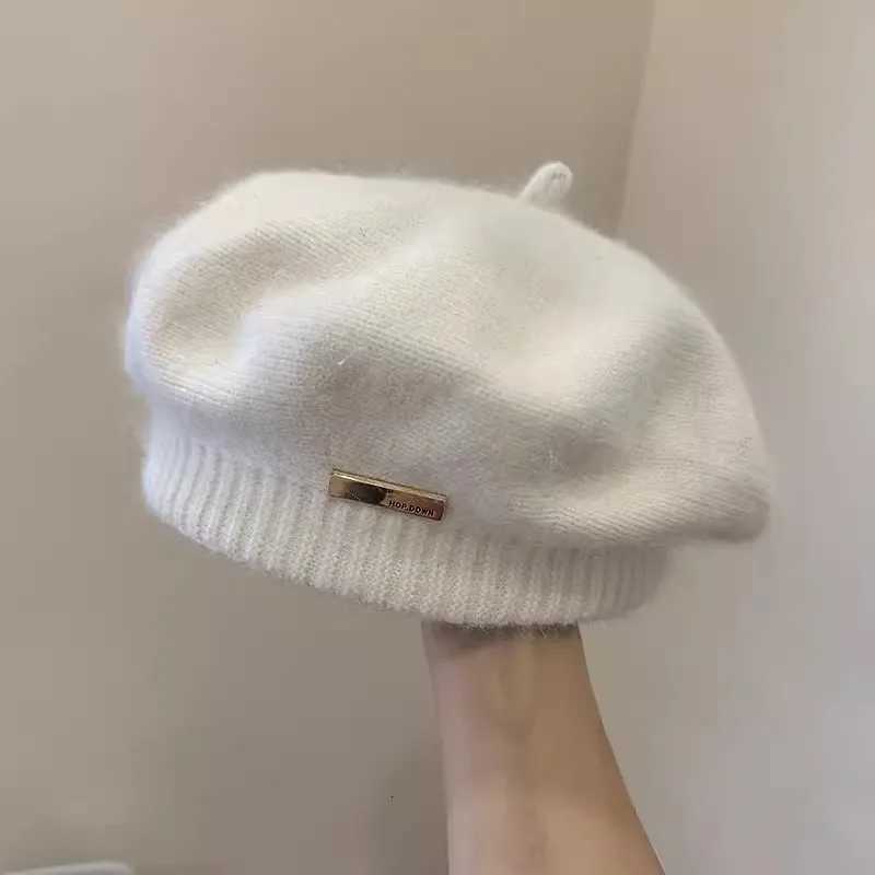 Korean Version Simple Real Rabbit Fur Beret Versatile For Autumn And Winter Out Of The Street Knitted Artist Hat XJ250807