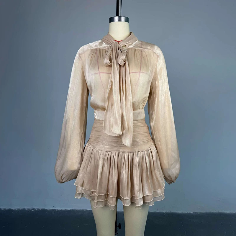 TARUXY 2025 Womens Skirt Two Piece Set Chiffon Bow Tie Top High Waisted Drawstring Mini Dress Suit Ladies Sexy See Through 250804