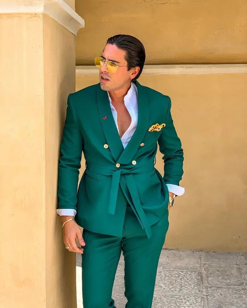 Green Men Suits Slim Fit Double Breasted Shawl Lapel Formal Wedding Tuxedo Set Traje Americana Hombre 2PCS y250807