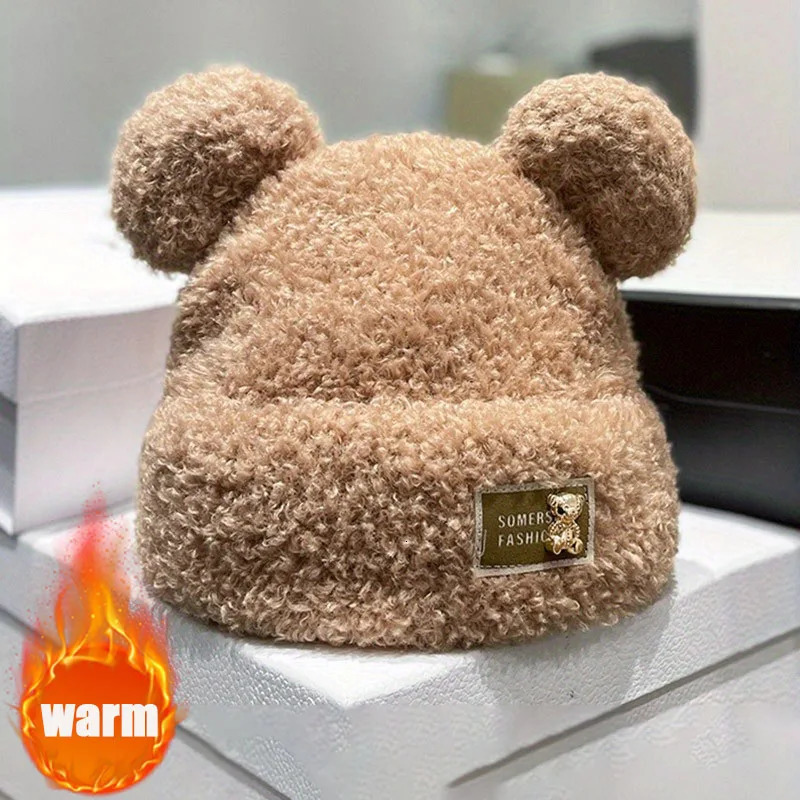 Winter Bear Plush Knitted Hat for Women Cute Furry Ear Beanie Non Elastic Fisherman Style Warm Soft Headwear for Cold Weather 250806