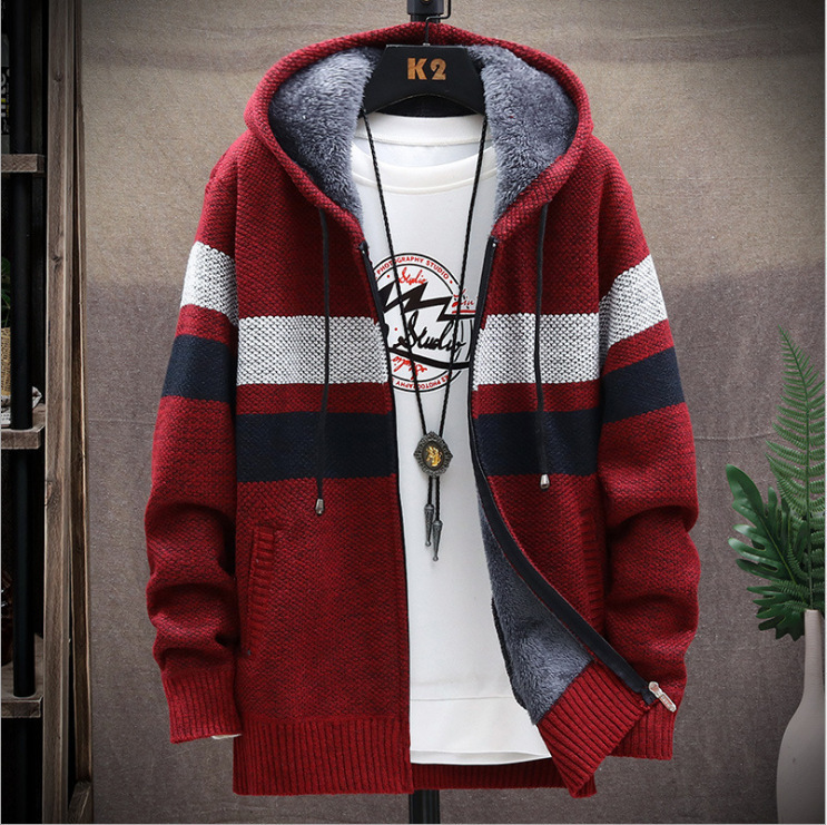 2025 men's jacket autumn and winter new products men's plus velvet thick color matching hooded sweater jacket jacket