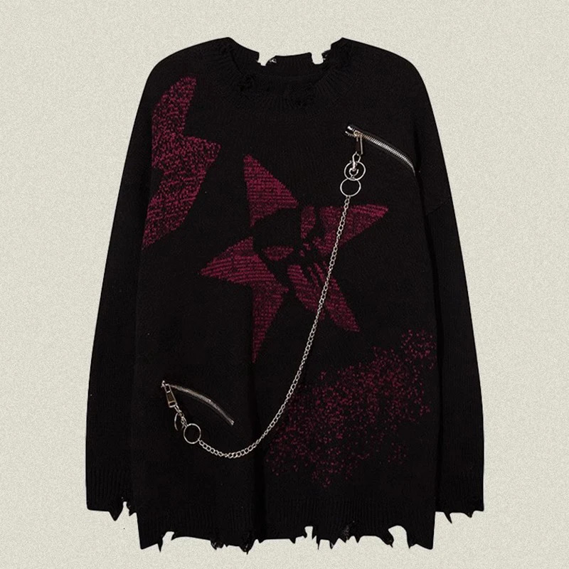 Star Chain Hole Mens Sweater American Gothic Vintage Hip Hop Couple Knitwear Pullover Winter Oversize Jumpers 250807