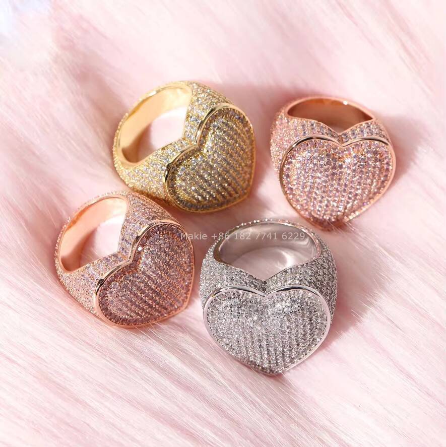 Luxury Iced Out CZ Gold Big Heart Ring White Hip Hop 18k Gold Silver Plated Women Heart Rings