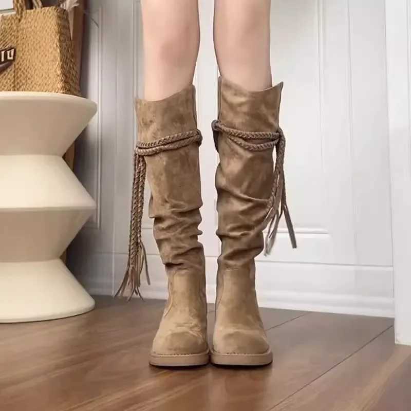 2024 Spring and Autumn New Fi Style Fi Boots Thick Heel Long Tube Slim Look Stacked Middle Tube Boots XJ250807