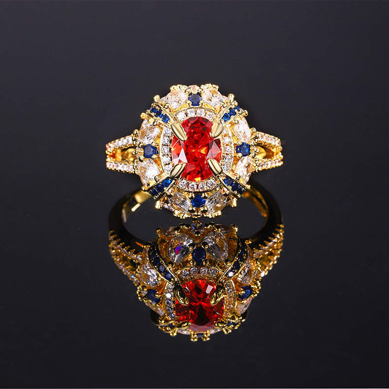 Gold Tone Ornate Cluster Ring With Red, Blue And Clear Gem Accents Glam Occasion And Statement Accessory Gift For Her Luxurious And Colorful Jewelry