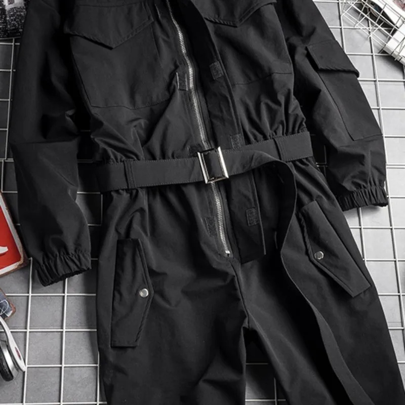Mens Hip Hop Cargo Jumpsuit Fashion Black Sashes Joggers Overalls Multi Pockets Work Rompers Streetwear Korean Clothes 250804