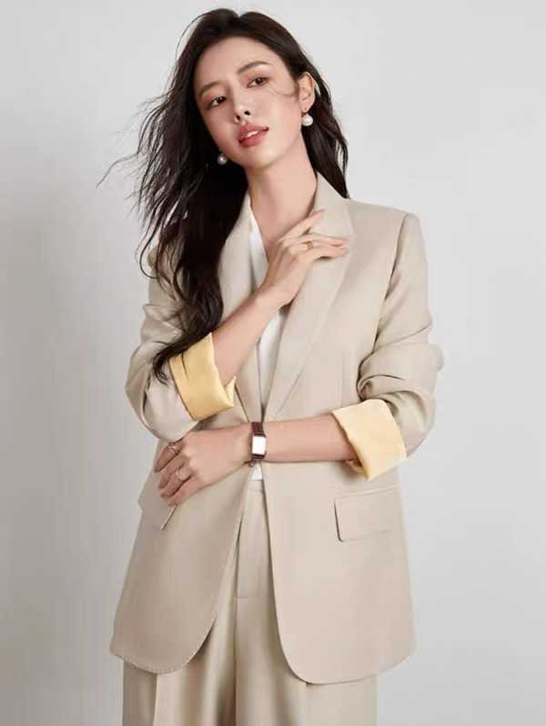 Fashion Women Suits 2 Piece Blazer Pants Loose Peak Lapel Long Sleeves One Button Business Office Women Customized