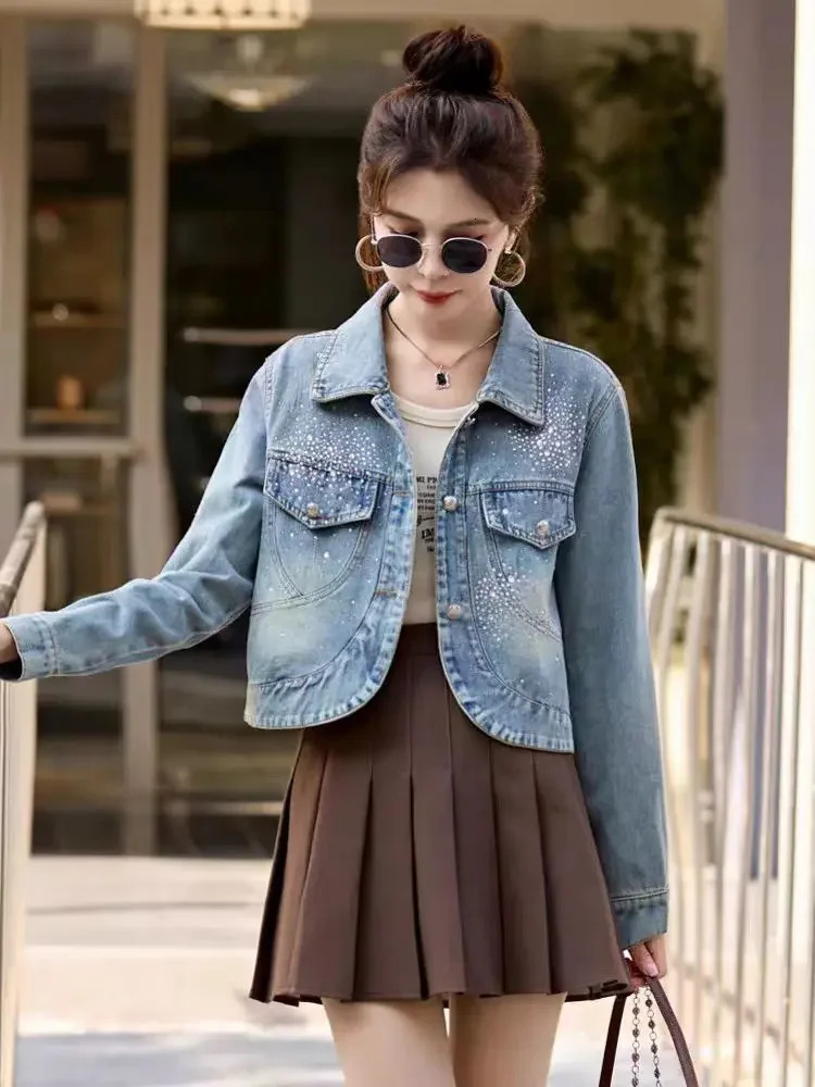 Female Jeans Coats Diamonds Crop Spring Autumn Short Blue with Rhinestones Small Sequin Studded Womens Denim Jackets Original 250804