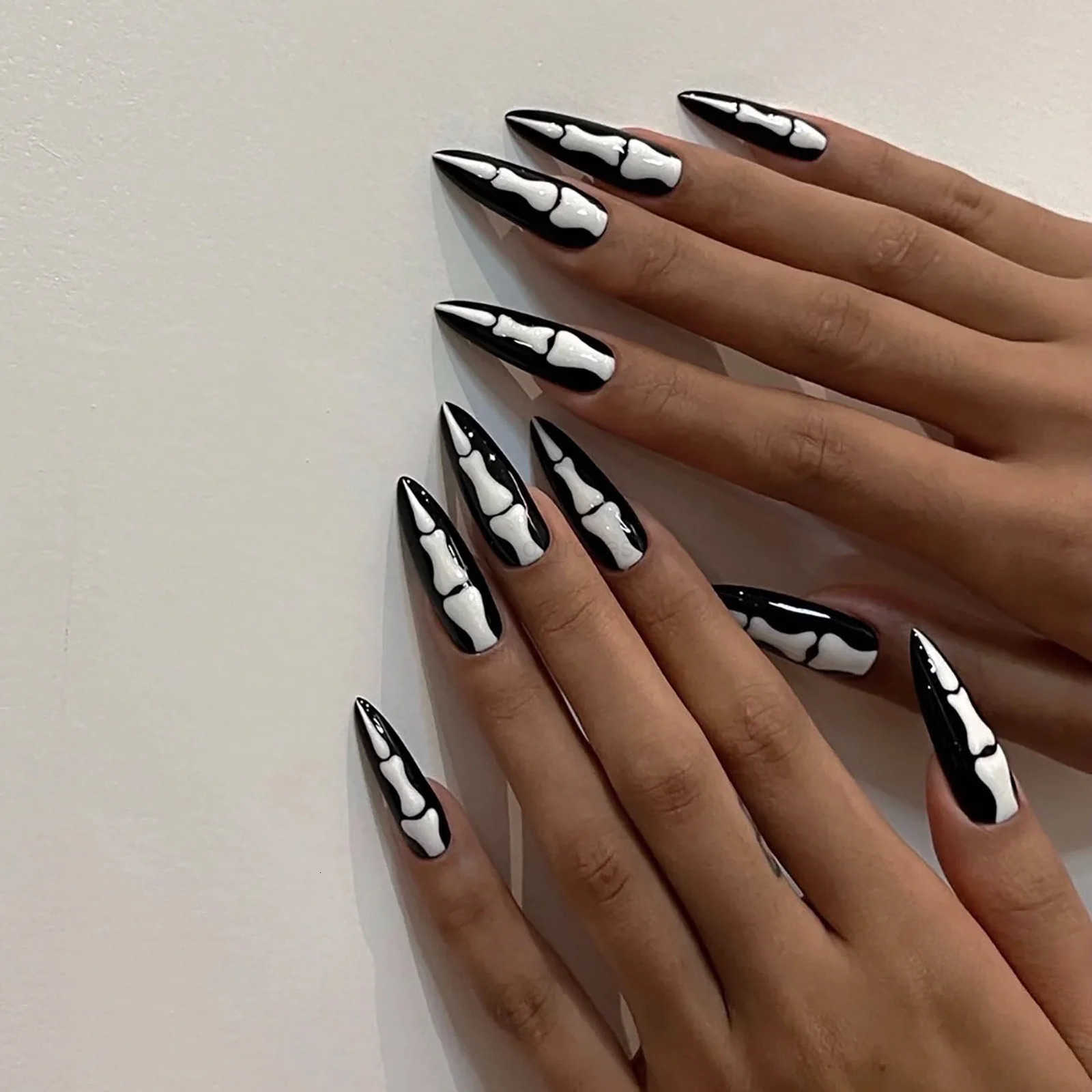 24pcs Long Pointed False Nails European Halloween Fake Nail Patch Full Cover Wearable Ghost Pattern Design Press-on Nails Z250807