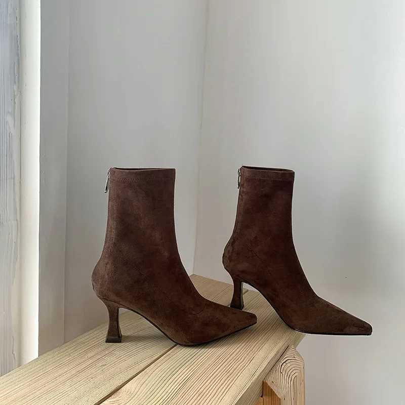 Spring and Autumn Female Commuter High Heels Bare Boots Comfortable Suede Boots Pointed Stiletto Heels Elastic Socks Boots XJ250807