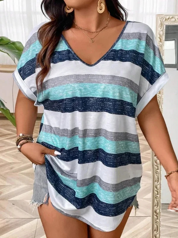 Plus Size 1XL5XL Fashion Women Summer Striped Tshirt Ladies Casual Printed Short Sleeved Vneck Knit Top 250807